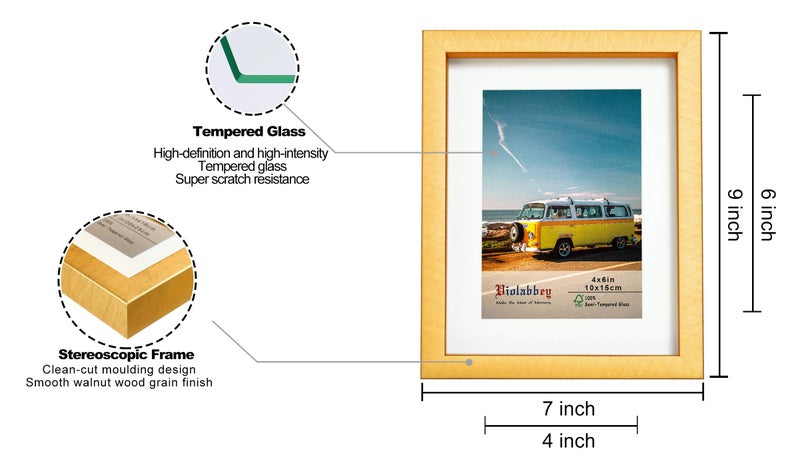 VIOLABBEY 4x6 Picture Frame Gold Set of 2, Photo Frame 4x6 with Mat or 6x8 without Mat, Wall Mount or Table Top, Semi Tempered Glass - Image 4